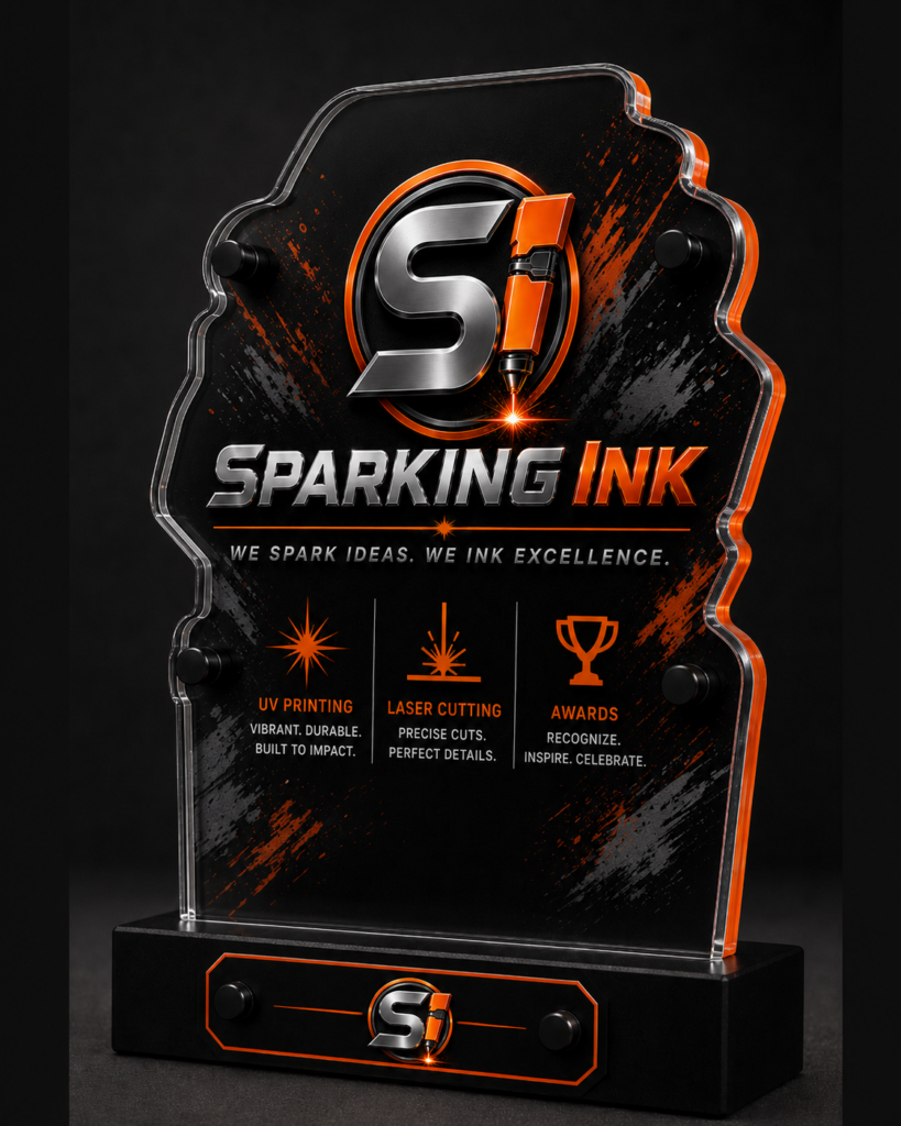 Acrylic sign for Sparking Ink with logo and service highlights.